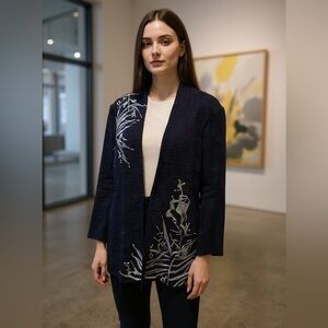 Ming Wang navy blue jacket knit crepe white floral embroidery beads XL stretch